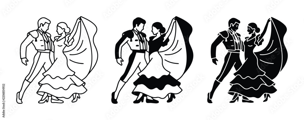 Fototapeta premium Flamenco Dancers Vector Set, Couple Dancing Art, Spanish Culture Icons, Black and White Graphics