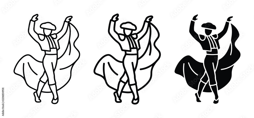 Fototapeta premium Matador Icon Set, Spanish Bullfighter Silhouette, Traditional Flamenco Dancer Vector