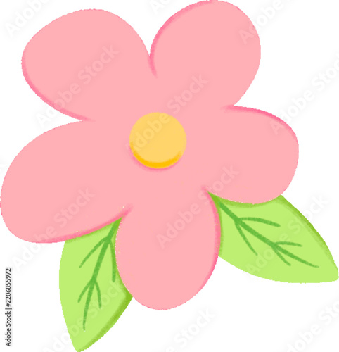 A charming pink flower illustration with green leaves, perfect for spring designs and cute graphic projects