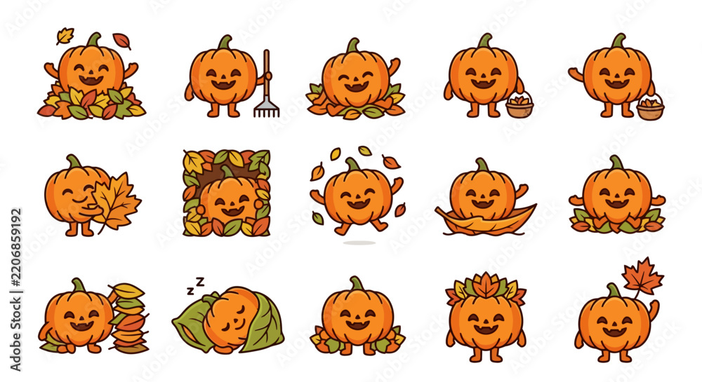 Obraz premium Creative Set of 15 Adorable Cartoon Pumpkin Characters Engaged in Seasonal Autumn Activities with Bright Orange Green and Brown Colors