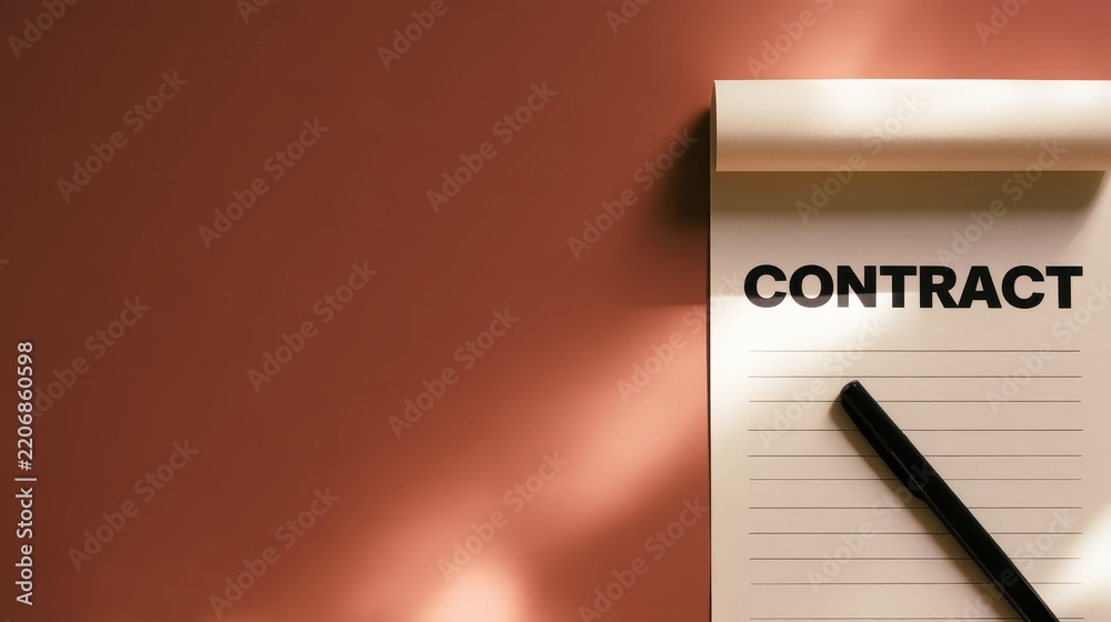 Fototapeta premium Contract document with a black pen on a solid pink background with copy space