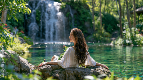 Woman relaxing on a natural stone beside a vibrant jungle waterfall pool, tropical greenery reflected in calm turquoise water, small droplets and mist creating atmospheric depth, peaceful luxury esc