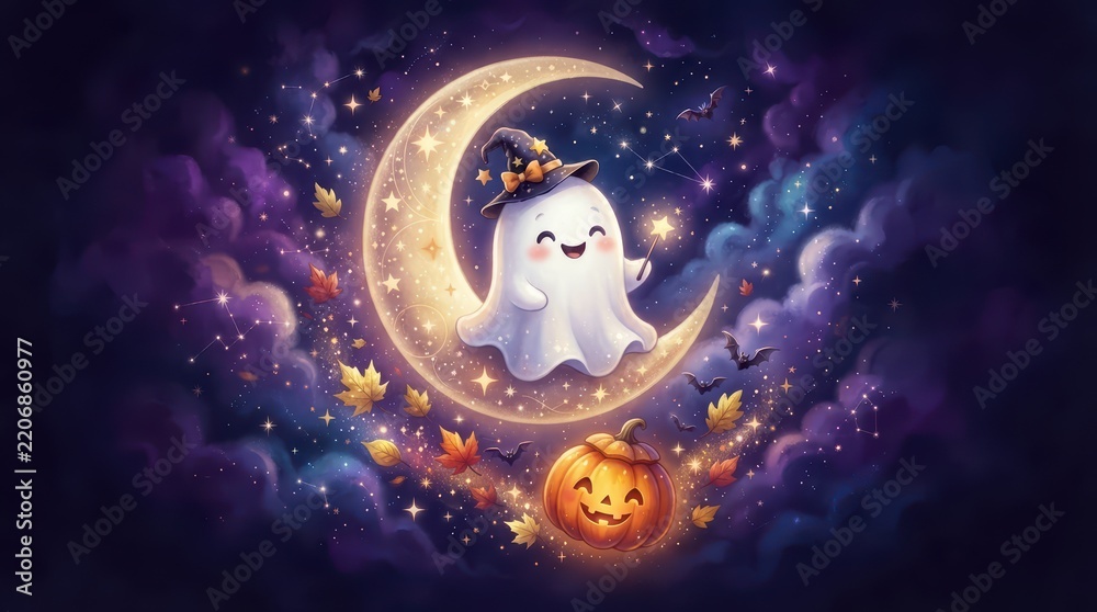 Obraz premium Cute ghost sitting on a crescent moon with pumpkin for tshrit pilo others merchandise designs featuring a magical starry night sky fantasy illustration art