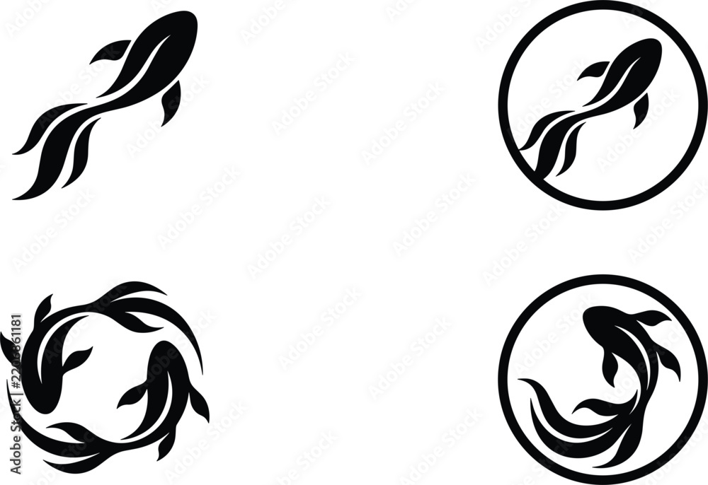 Fototapeta premium Abstract Koi Fish Silhouette Logo Design Variations Vector Illustration Set in Modern Minimalist Style for Graphic Designs