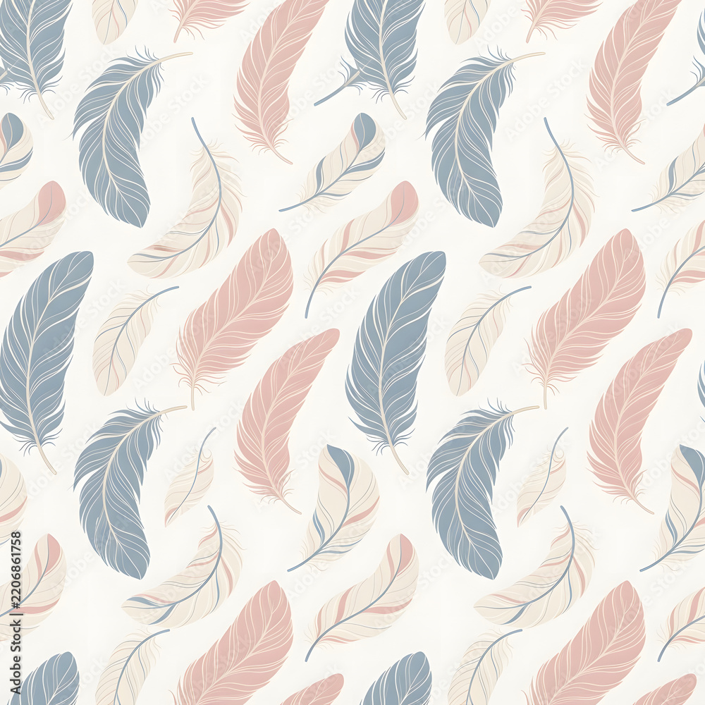 Fototapeta premium Seamless feather pattern — flat illustration soft plume repeat design for fabric and stationery