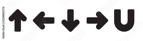Black directional arrow icons featuring up left down right and circular U turn design for layouts.