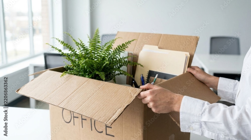 Fototapeta premium Close up of a person holding a cardboard box with office supplies and a plant, representing job loss, resignation, or moving to a new workspace in a bright office, concept of career transition and job