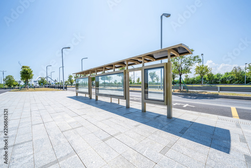 Blank advertising billboards at newly built city bus stops