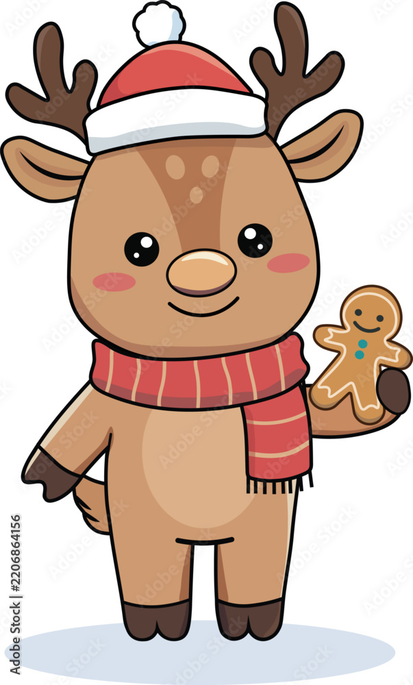 Fototapeta premium Christmas Reindeer Character Holding Gingerbread Cookie