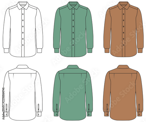 Men's Long Sleeve Dress Shirt Technical Fashion Design, Classic Men's Button Up Shirt Front and Back View, Professional Men's Formal Shirt Apparel Design Template