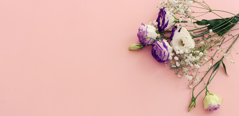 Top view image of romantic and delicate flowers on pastel background