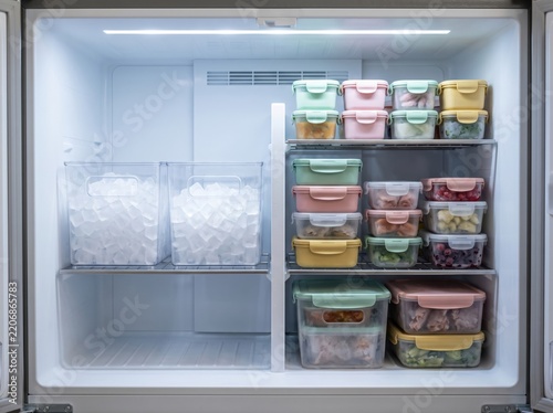Open organized home freezer compartment filled with neatly stacked pastel food storage containers and ice cube bins, meal prep storage, kitchen organization