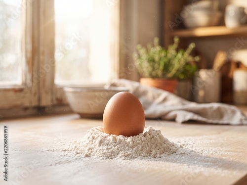A single raw brown egg standing upright in a small mound of white flour on a rustic wooden kitchen countertop, warm morning sunlight, baking preparation, cooking ingredients