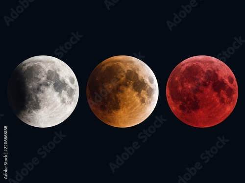 Sequence of lunar eclipse phases showing transition from full moon to blood red moon against a dark night sky, astronomy and space science education