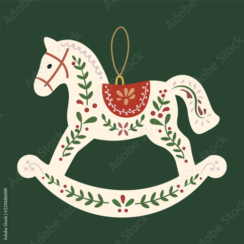 Vintage Christmas Rocking Horse Ornament Illustration in Folk Art Style