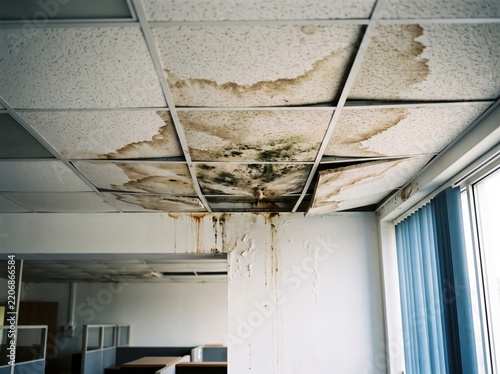 Severe water damage and mold growth on office drop ceiling tiles with staining and structural leak issues, property maintenance and repair