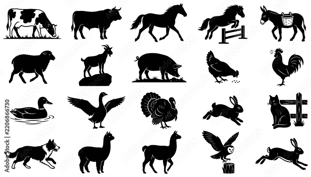 Obraz premium Farm Animal Silhouettes Set with Livestock, Poultry, and Rural Fencing Elements