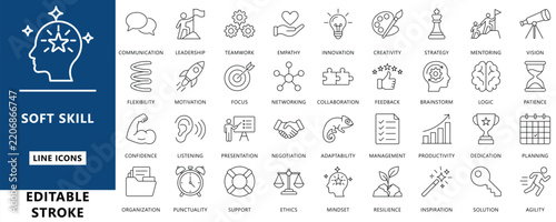 Soft skills and personal development line icon set. Editable stroke vectors for teamwork, leadership, communication & training. Perfect for HR and e-learning UI/UX design