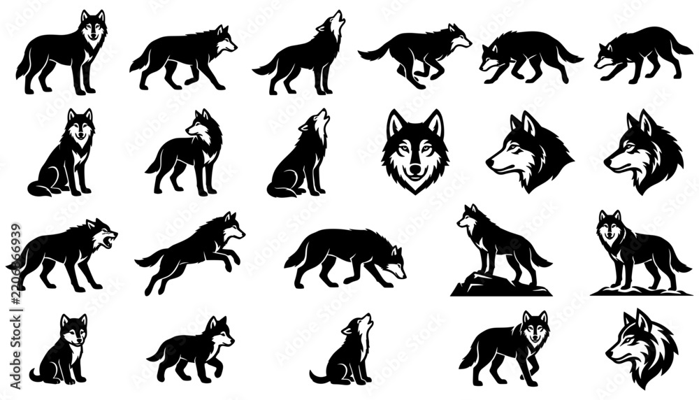 Obraz premium Wolf Silhouettes Set with Various Poses and Headshots Featuring Wolves