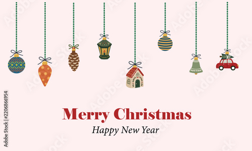 Hanging Vintage Christmas Ornaments Banner with Red Typography on Light Pink Background