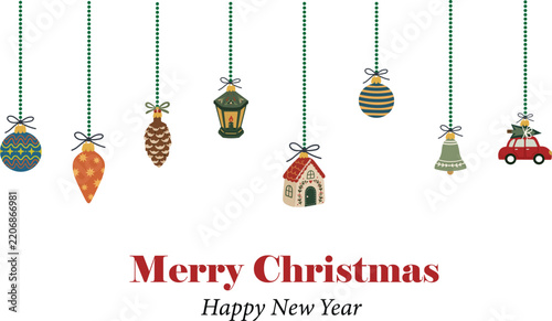 Hanging Christmas Ornaments Banner with Lantern Pinecone Bell and Toy Car
