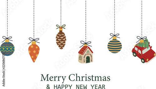 Merry Christmas Greeting Card Banner with Hanging Holiday Ornaments and Vintage Red Toy Car