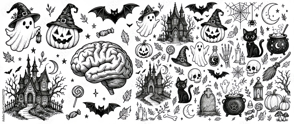 Obraz premium Vintage Hand Drawn Halloween Doodles Elements Set with Jack-O-Lanterns, Ghosts, Haunted Houses, Brain, Black Cat, Cauldron, Skulls, and Spooky Symbols