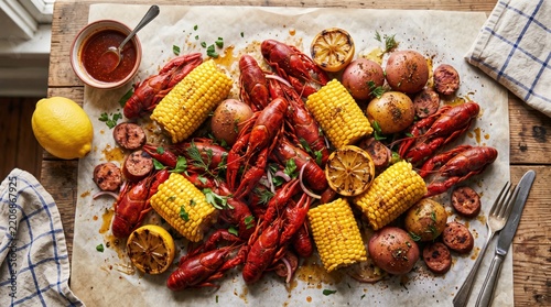 Delicious crawfish boil feast with corn on the cob, potatoes, and sausage on a rustic wooden table, perfect for summer gathering and seafood dinner
