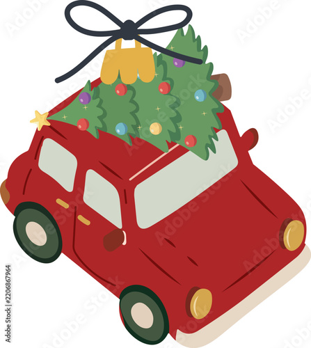 Red Vintage Car Christmas Ornament Carrying Decorated Pine Tree