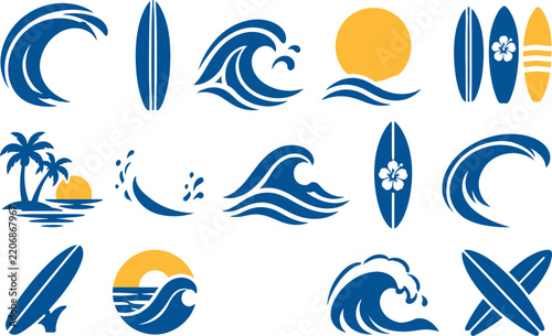 colorful surfing waves tropical beach vector icons set, ocean adventure symbols, summer vacation elements, seaside activities, surfing equipment, coastal lifestyle, holiday graphics, marine recreation