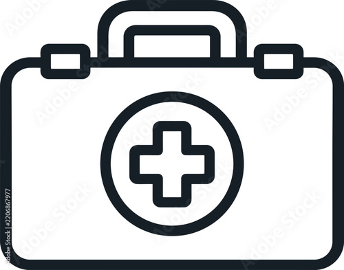 minimalist first aid kit vector icon, medical emergency symbol, healthcare supply, medicine box, hospital equipment, safety care, treatment essential, red cross emblem, clean outline graphic