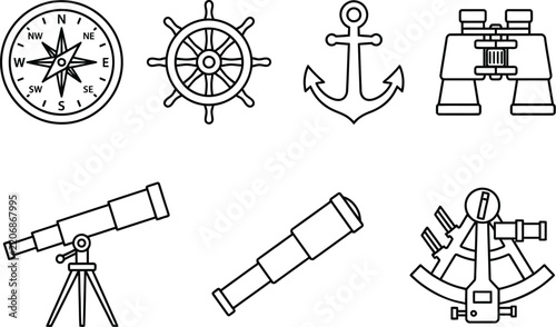 marine icons and pictograms of optical instruments, nautical navigation symbols, telescope graphics, binoculars, maritime equipment, sailing accessories, ocean exploration, marine observation, thin li