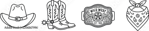 wild west icons set, elements of the wild west, thin line design, cowboy accessories, linear symbols collection, american frontier attributes, isolated vector illustration, western culture, rodeo equi