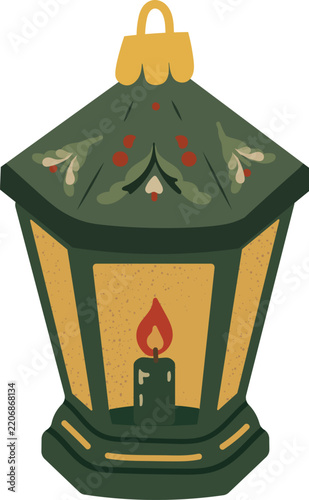 Green Vintage Lantern Christmas Tree Ornament with Burning Candle and Mistletoe Pattern