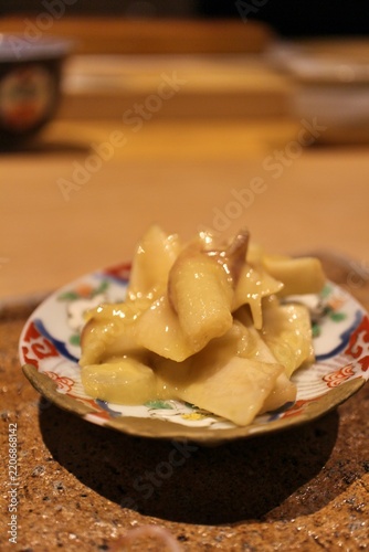 Japanese cuisine: udo and myoga teppai (udo and myoga dressed with vinegared miso) in Kyoto, Japan