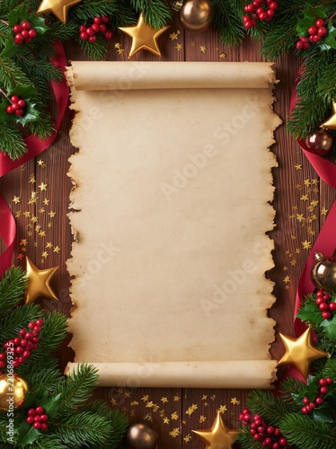 Blank Vintage Parchment Scroll Frame Surrounded by Christmas Decorations, Pine Branches, Red Berries, Golden Stars, and Ribbon on Dark Wooden Background