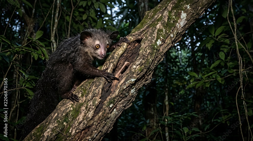 Fototapeta premium Wild aye-aye lemur climbing tree trunk at night in rainforest of Madagascar
