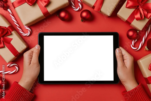 Hands holding a digital tablet with a blank white screen on a festive red Christmas background
