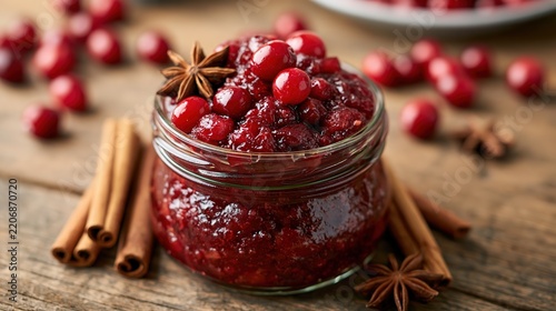 Homemade cranberry sauce in a glass jar with cinnamon sticks and star anise on wooden background
