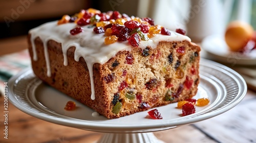 A delicious homemade fruitcake topped with white icing and candied fruits on a white cake stand