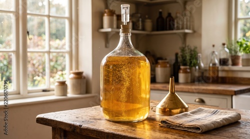 Large glass carboy filled with golden liquid fermenting on a rustic wooden kitchen countertop, home brewing equipment, traditional wine making, countryside kitchen setting