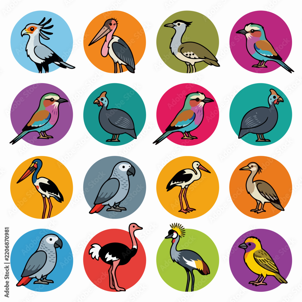 Fototapeta premium Colorful bird character icons in circular frames set.