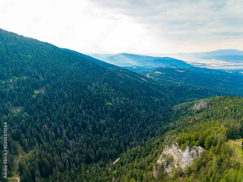 Fototapeta premium Drone view of a mountain landscape with dense forest and distant hills on a cloudy day in the early afternoon