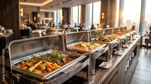 Luxury hotel buffet service line featuring warm chafing dishes filled with gourmet food, catering events, dining experience, hospitality industry, corporate lunch