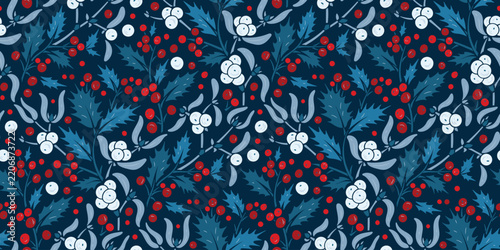 Blue Christmas Holly and Mistletoe Seamless Pattern with Red and White Berries