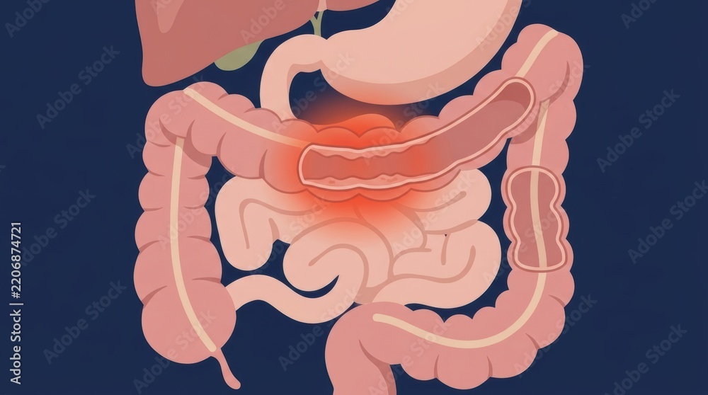 Obraz premium Medical illustration of human digestive system anatomy with highlighted colon inflammation area