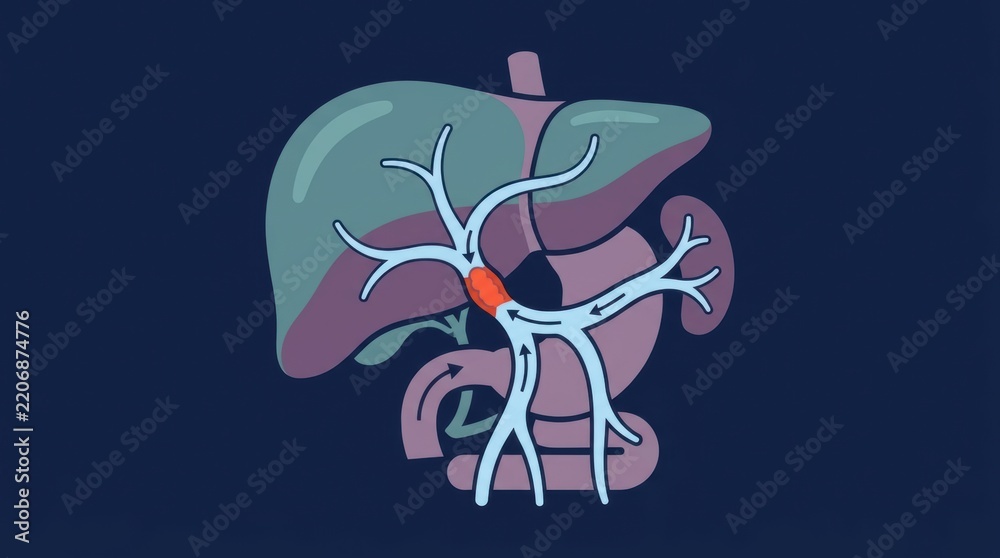 Obraz premium Medical illustration of human liver anatomy with a highlighted biliary duct blockage or tumor
