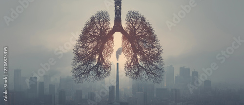 Surreal double exposure of human lungs as tree silhouettes connected to a smoking chimney over a foggy city, symbolizing the deadly link between air pollution, industrialization, and human health