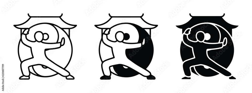 Fototapeta premium Martial Arts Icons: Tai Chi, Kung Fu, Karate Figures in Traditional Asian Architecture