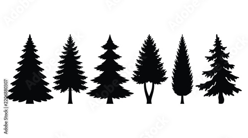 Christmas Black and white forest scene with five stylized pine trees silhouette for nature-themed designs vector